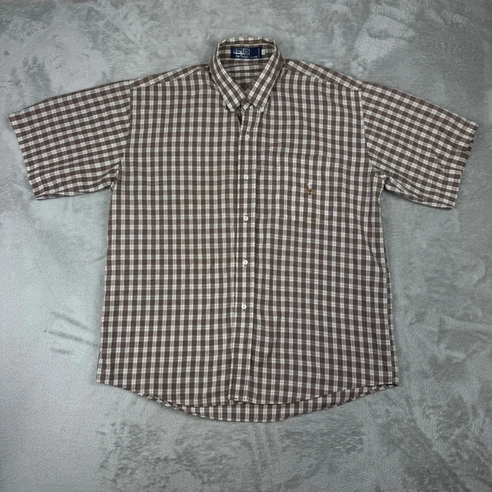 Vintage Polo Ralph Lauren Men's L Brown Plaid Button Down Short Sleeve Shirt USA